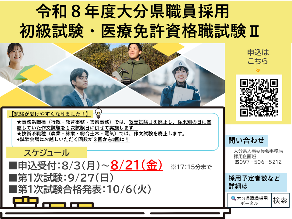 大分県職員採用初級試験・医療免許資格職試験Ⅱ受験者募集