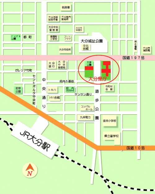 大分県庁舎へのアクセス（県庁舎周辺、大分市街地概略図　Googleマップを閲覧できない環境向け）