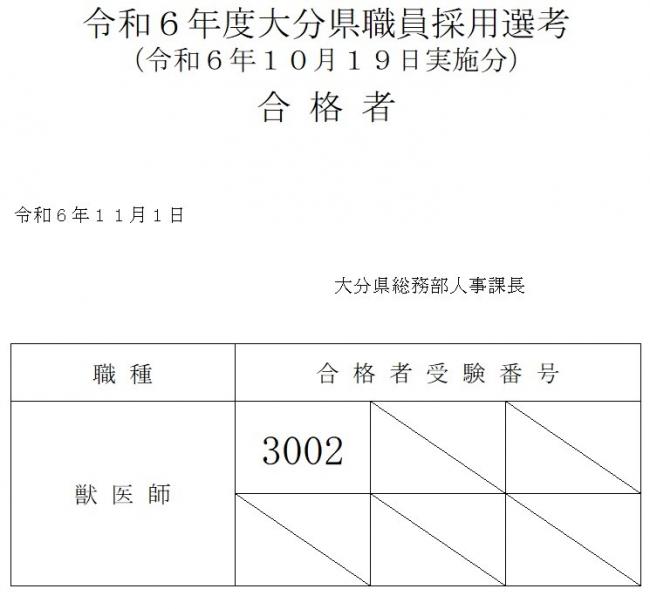 令和６年度大分県職員採用選考（獣医師）最終合格者