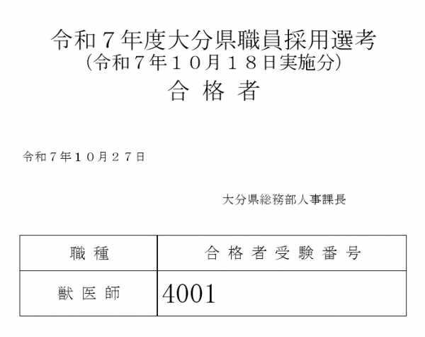 令和７年度大分県職員採用選考（獣医師）合格者